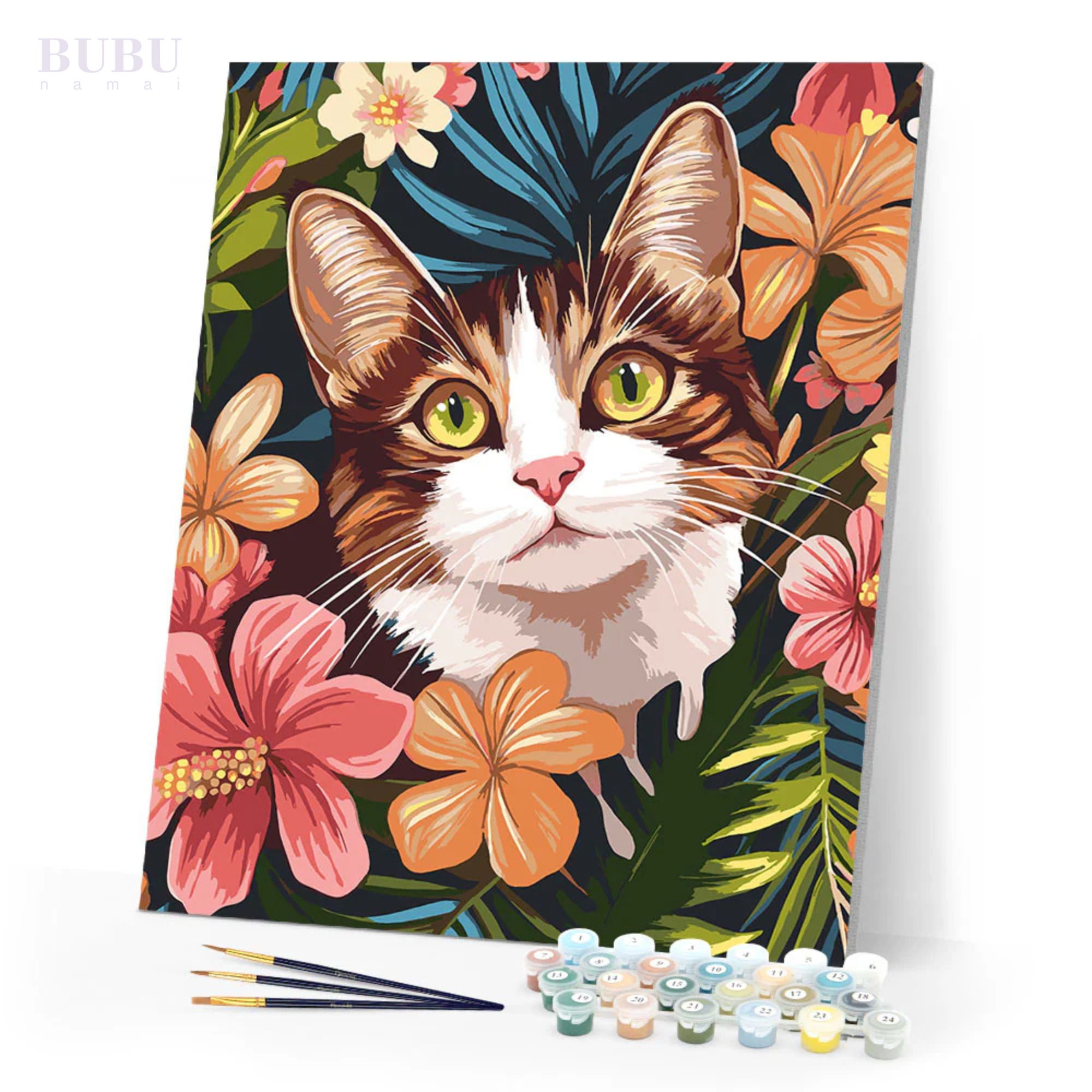 Tapyba pagal skaičius „Katė tropikų žieduose“ su rėmeliu