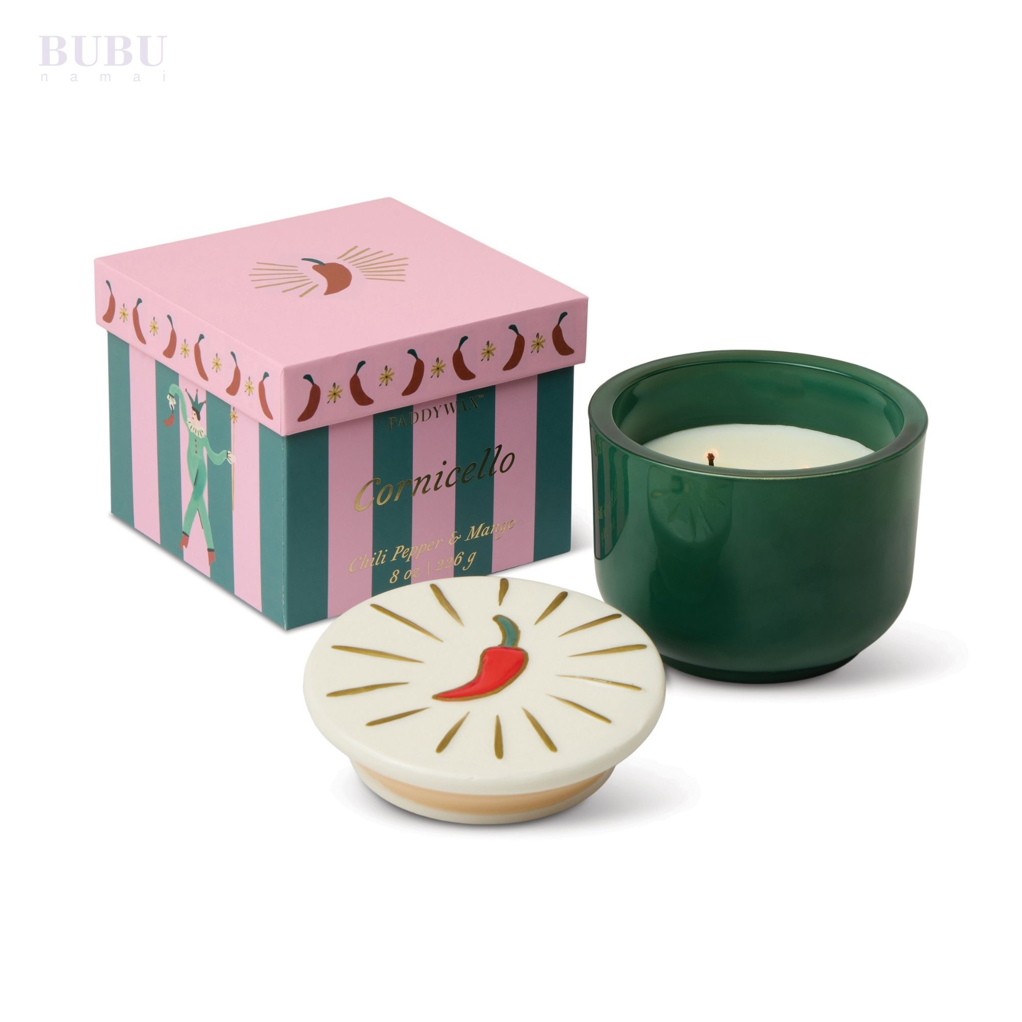 stiklo zvake su keramikiniu dangteliu „Cili pipiras“ pipiru ir mangu kvapo