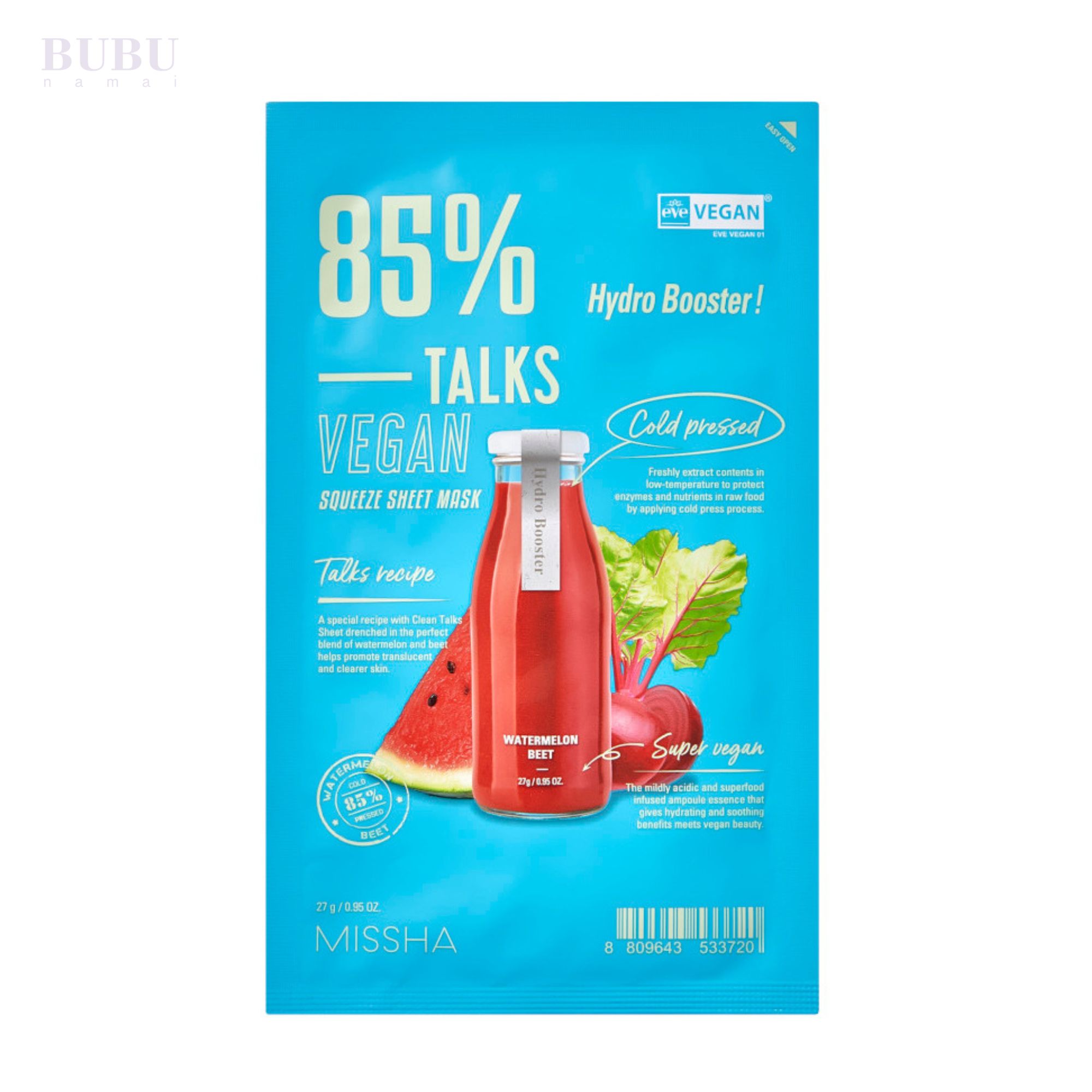 „MISSHA Talks Vegan Squeeze Sheet Mask Hydro Booster“ drėkinamoji lakštinė veido kaukė, 27 g